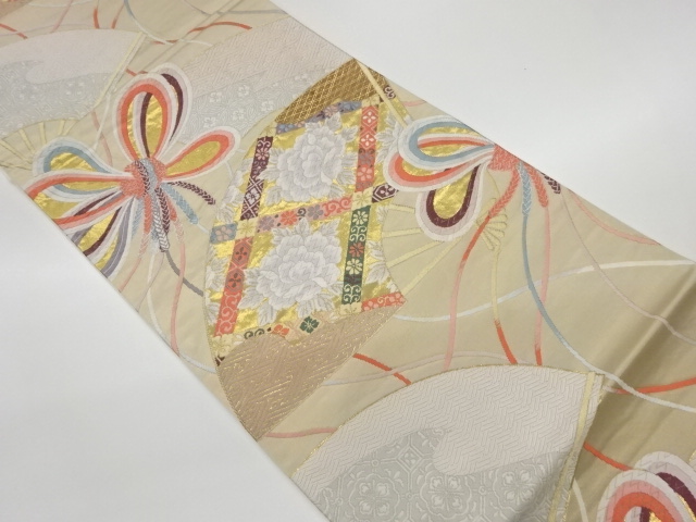 リサイクル　扇に束ね組紐・牡丹模様織出し袋帯